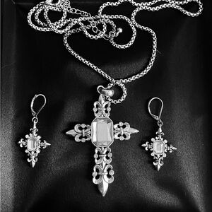 Ornate Silver Cross Necklace and Earring Set